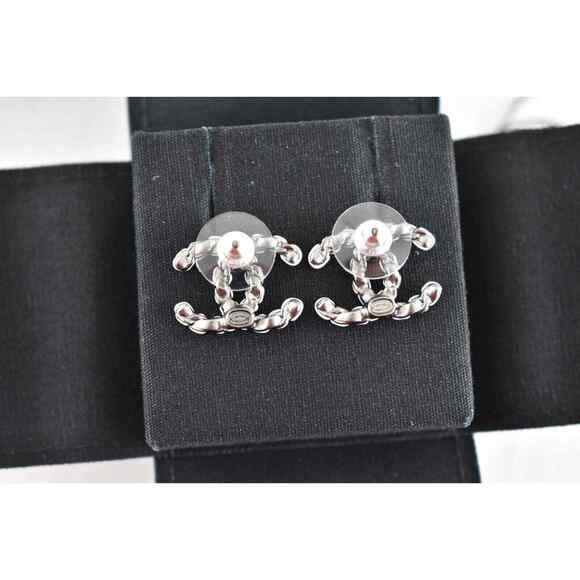 Chanel 22P Ruthenium Silver White Chain CC Logo Drop Statement Stud Earrings - Picture 11 of 12